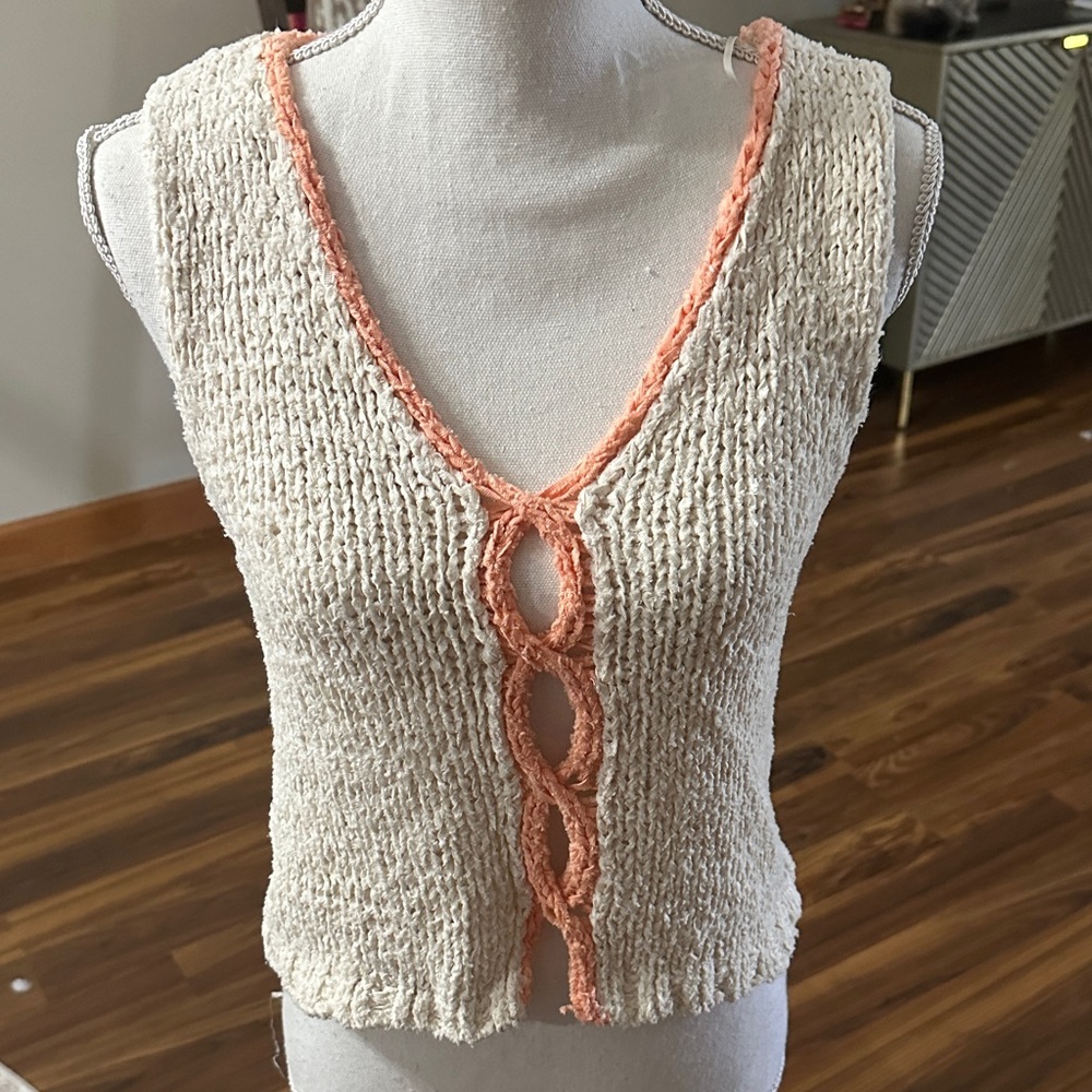Free People Cream Knit Tank with Peach Braid Trim